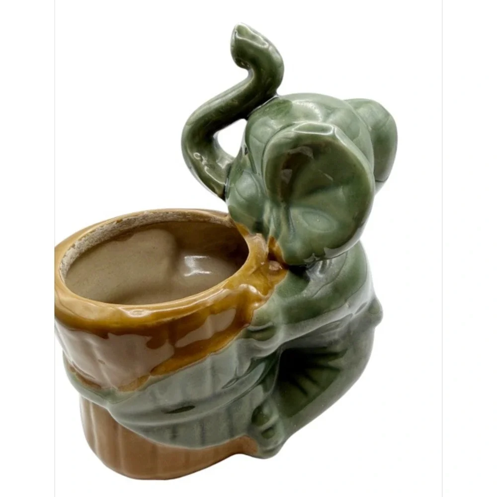 VTG Lucky Trunk Up Elephant Planter Cachepot Pair  Ceramic Green Brown MCM Decor